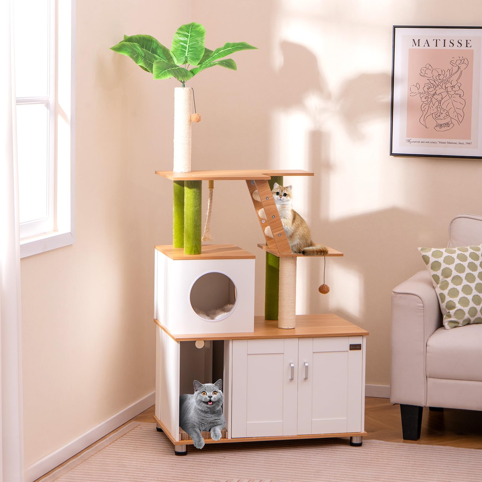 PETSITE Cat Tree with Litter Box Enclosure, Multi-Level Modern Cat Tree Tower with Sisal Scratching Posts, Cat Condo, Ladder, Dangling Balls, Interactive Sisal Rope, and Hidden Litter Box