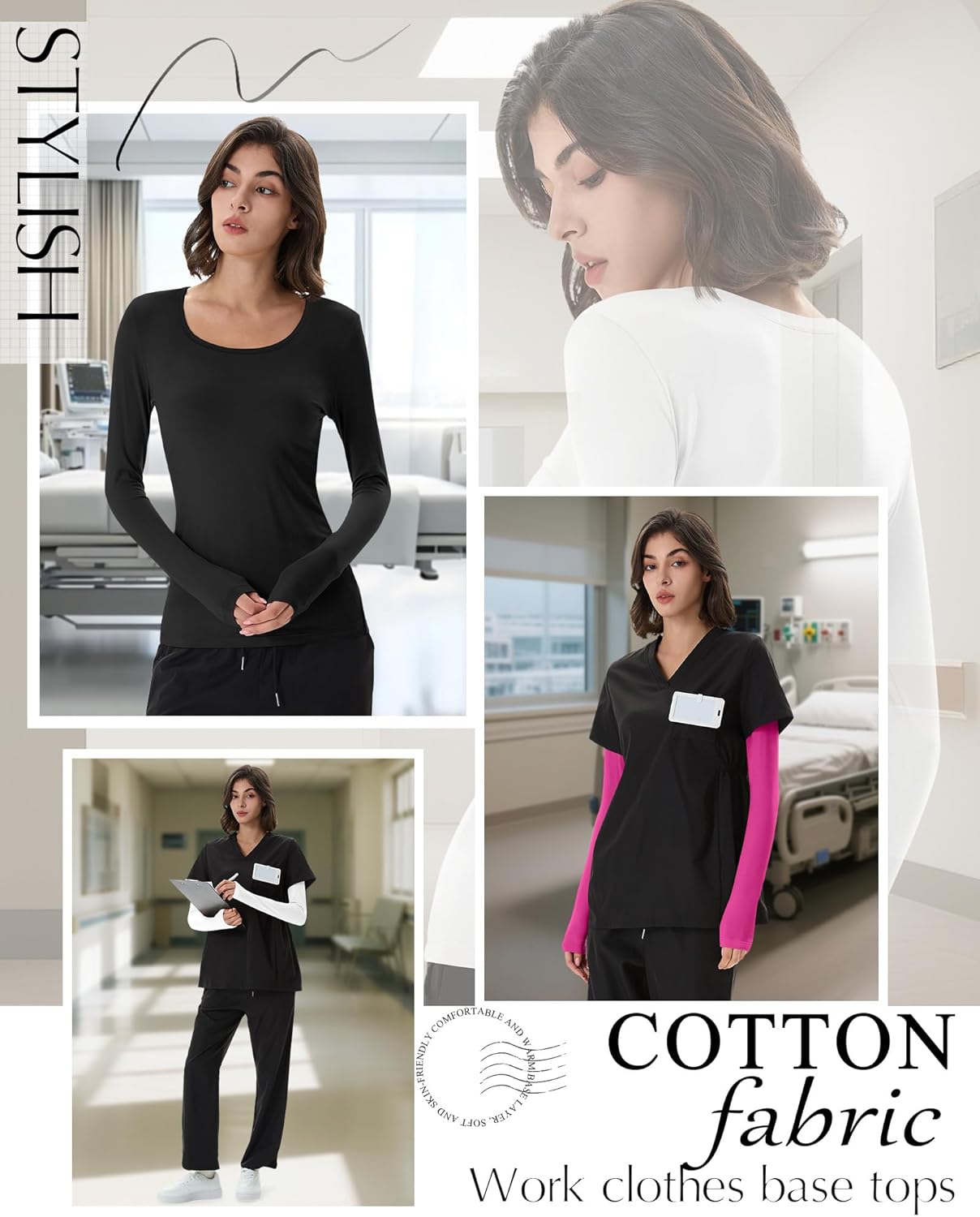 Neer 3 Pack Women's Long Sleeve Underscrub Shirts Scoop Neck Soft Scrub Undershirts for Nurse Basic Stretchy Layering Tops - Image 2