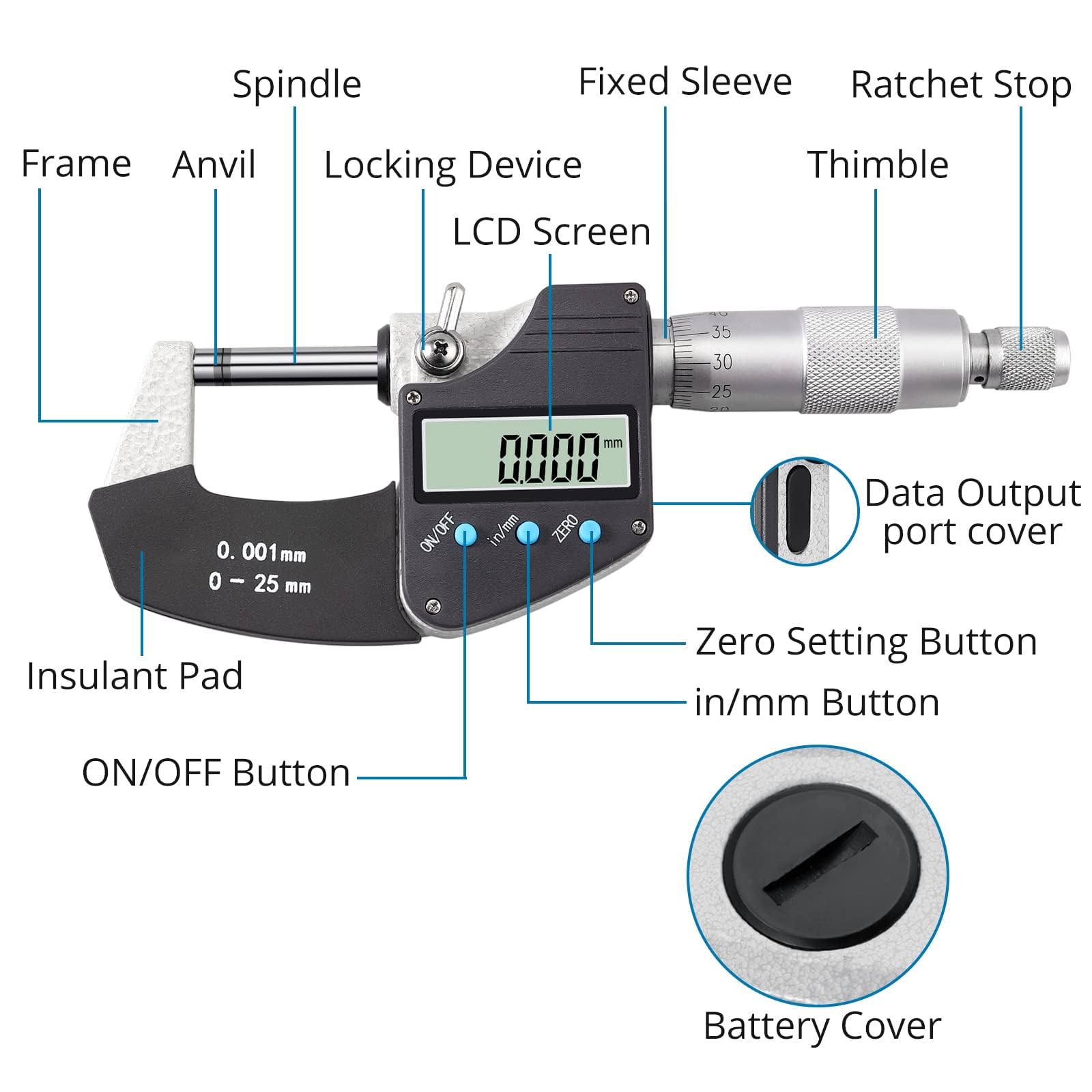 AUTOUTLET Micrometer Digitale Bügelmessschrauben 0-25 mm/ 0.001mm(0.00005"), LCD Digitale Mikrometer Mikrometerschieber Zoll/Metrische Messung, Hohe Präzision Messwerkzeug Mikrometer