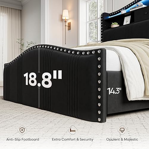 Miniatura 3 de Marco de cama tamaño completo de 51.5" con cabecero y almacenamiento | Marco de cama tapizado de terciopelo con luces LED y estación de carga | No