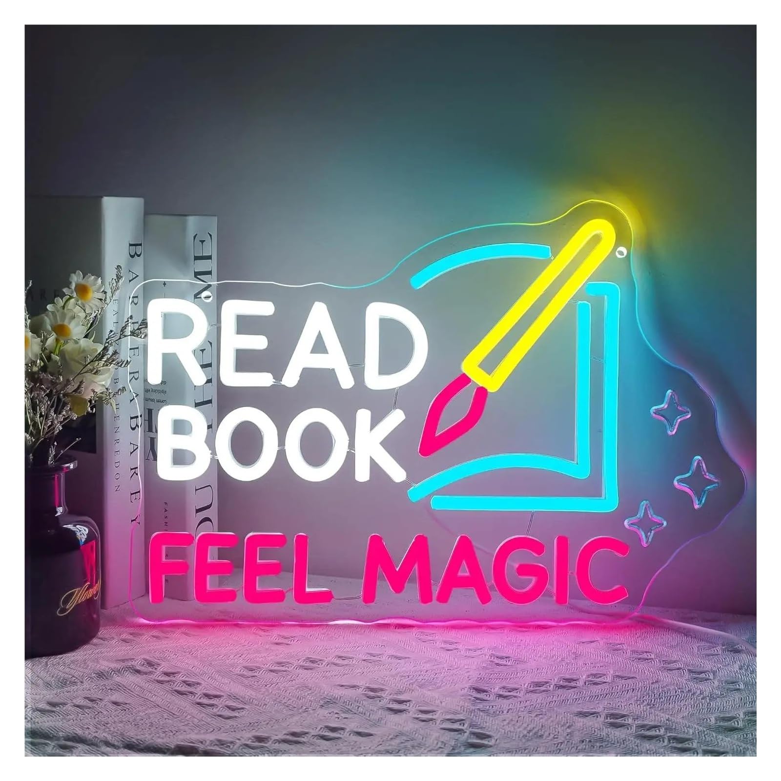 XENITE Hanging Art Neon Signs Read Book Feel Magic Neon Sign USB Dimmable for Library Classroom Reading Room Bookstore Bookish Decoration 38x26cm