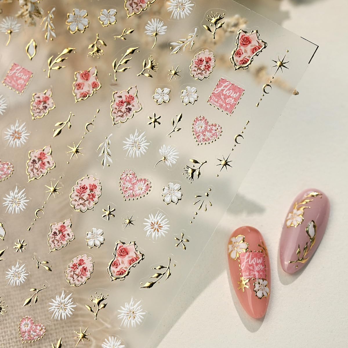 5D Embossed Flower Nail Stickers for Nail Art,yefiuo Floral Nail Art Stickers Spring Nail Decals Self-Adhesive Rose Gilded Moon Heart Nails Sticker Supplies Charms Gifts for Women Girls