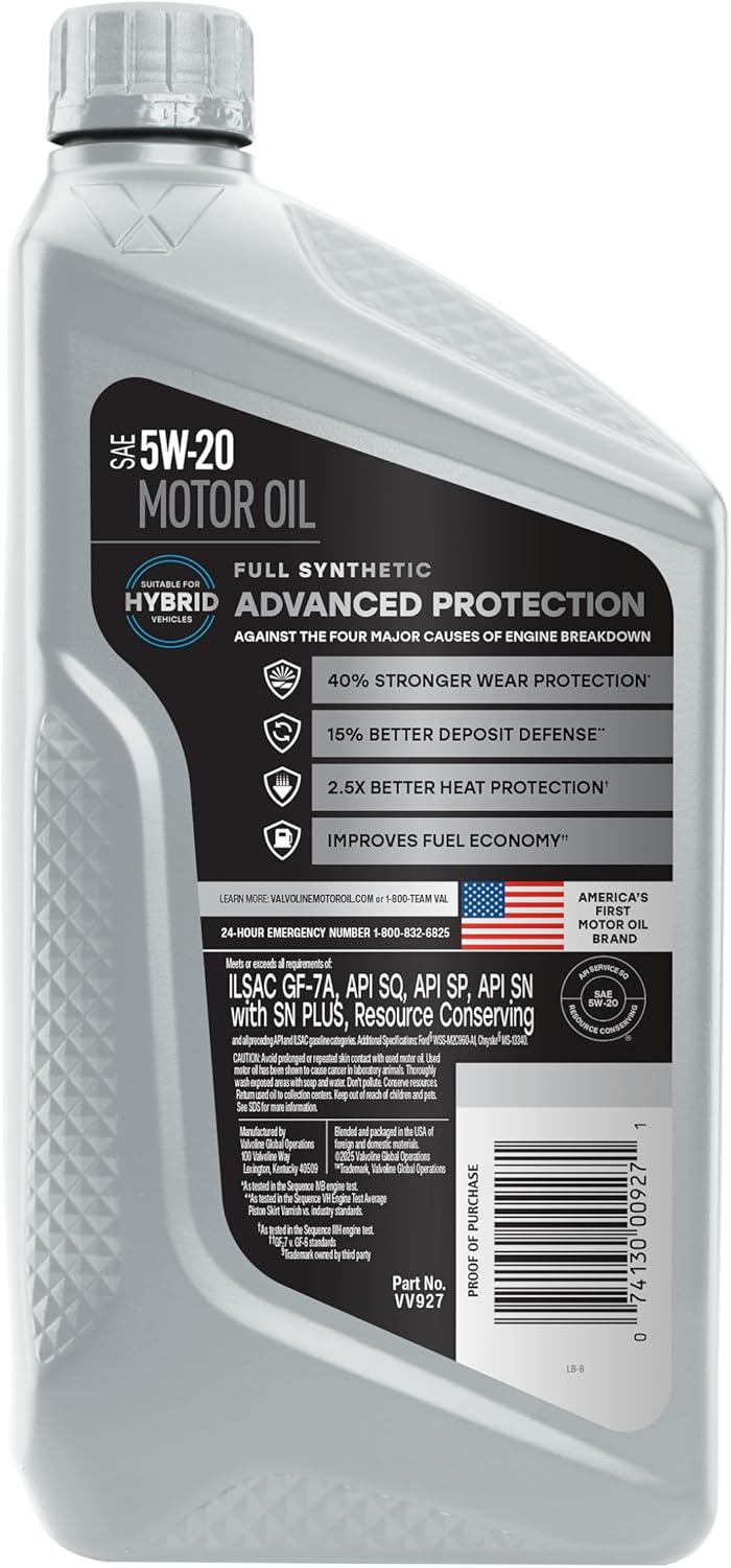 Valvoline Advanced Full Synthetic SAE 5W-20 Motor Oil 1 QT, Case of 6