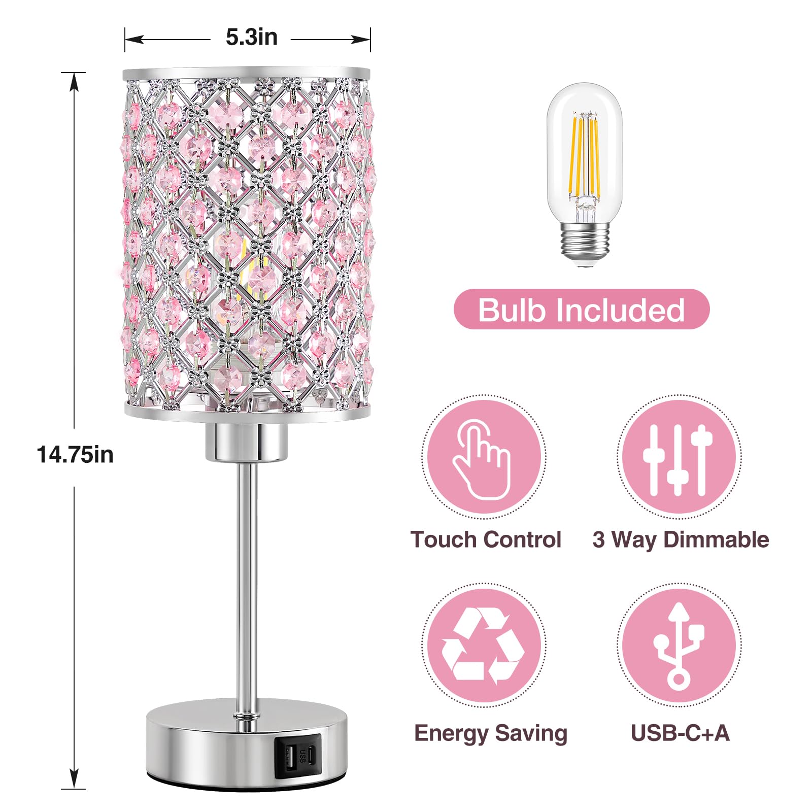 GyroVu Crystal Table Lamp, Pink Lamp with USB C+A Ports - Image 3