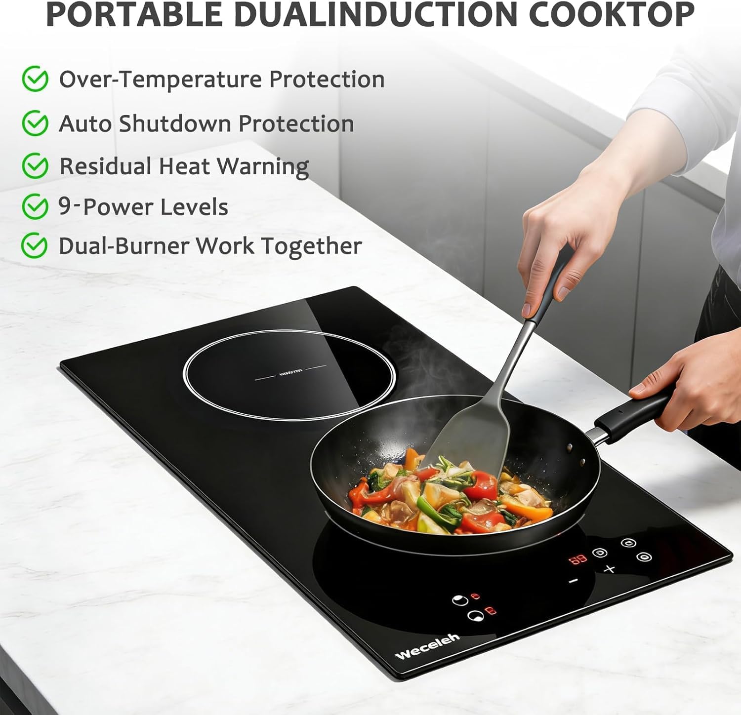 12 Inch Induction Cooktop Double Burners Stove top Boost Induction Hob Cooktop with 9 Power Levels, Child Safety Lock,Timer, 220-240V for RV, Apartment, Compact Kitchen