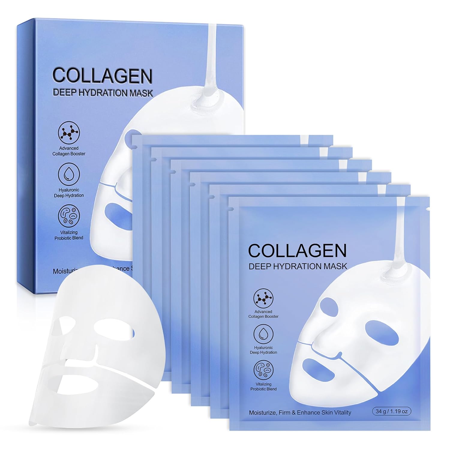 Collagen Face Mask - 6 Pack, Hydrating & Firming Sheet Mask for All Skin Types, Anti-Wrinkle, K-Beauty & Moisturizing Overnight Skincare