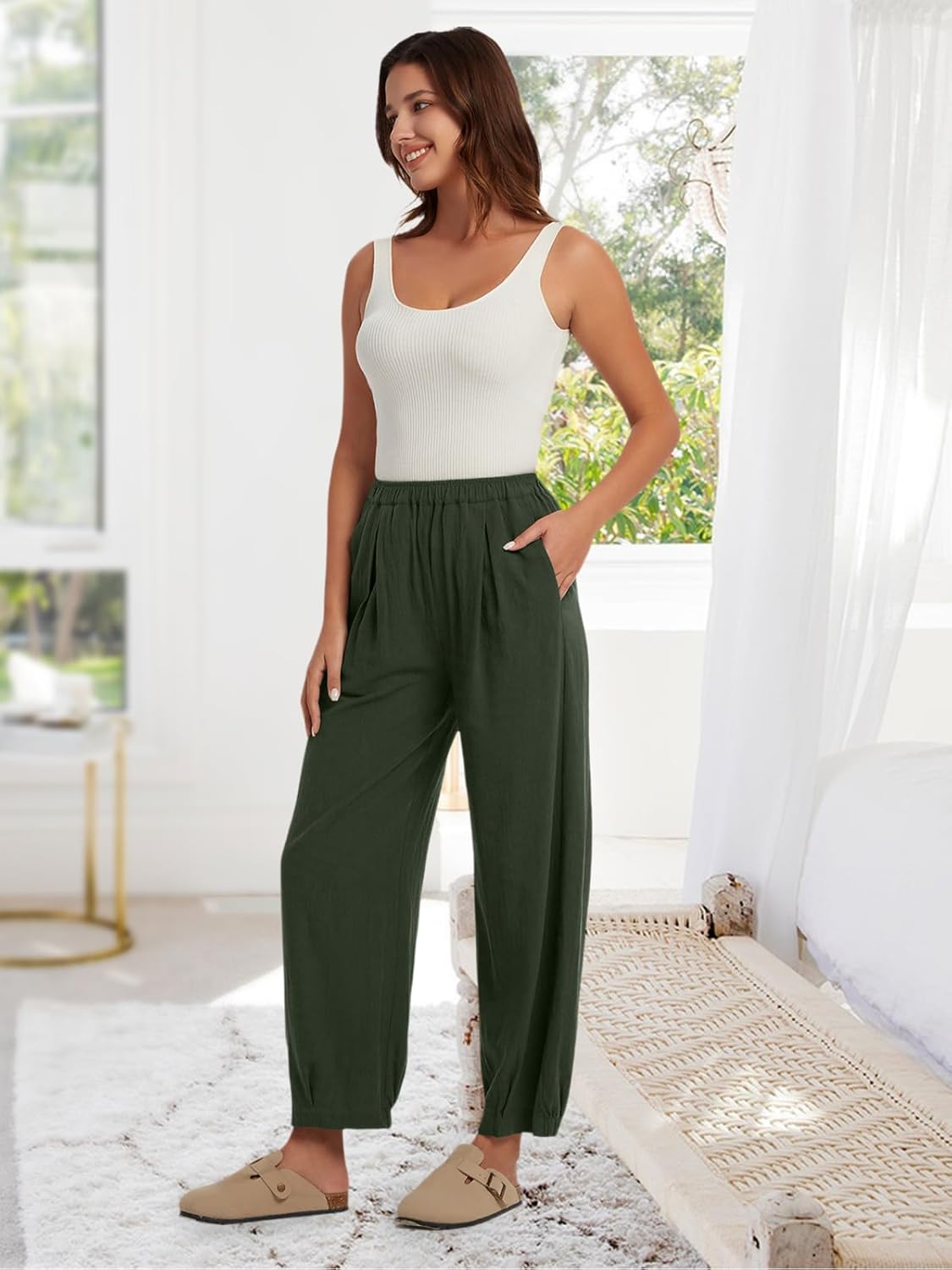 Les umes Women's Cotton Wide Leg Pants High Waist Plus Size Harem Trousers Cropped with Pockets Elastic Waist Casual Summer - Image 3