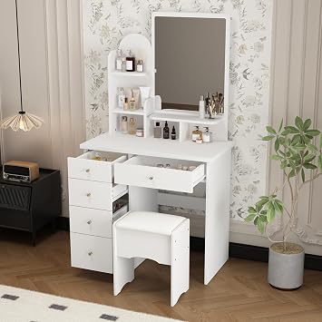 Small Vanity Desk with Mirror, Makeup Vanity with Shelves & 5 Drawers, Vanity Table Set for Bedroom, Rectangular Mirror, Cushioned Stool, Space-Saving, White, 31.5W x 15.7D x 55.1H