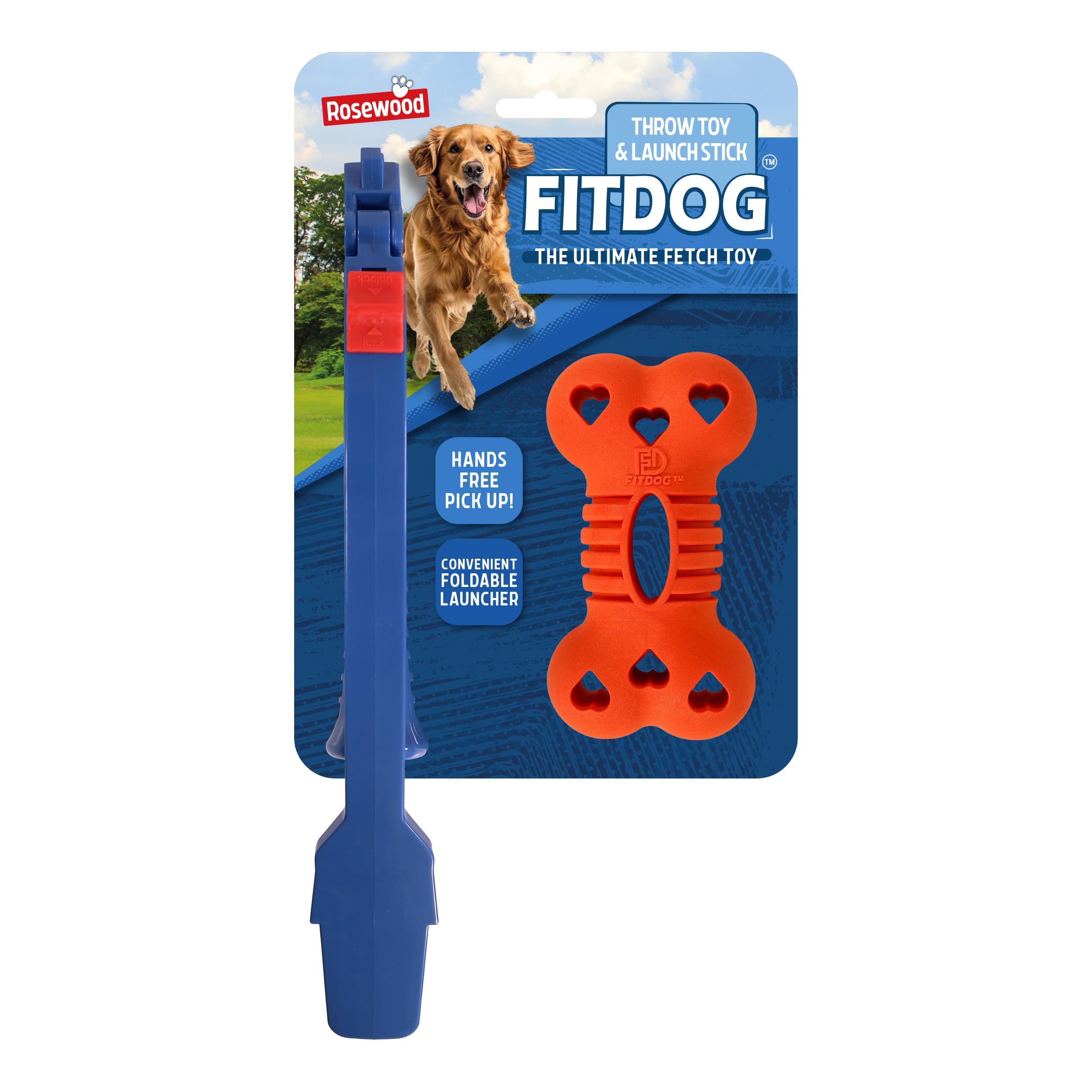 Rosewood Fit Dog Rubber Bone Throw Toy with Foldable Launcher – Durable Outdoor Dog Fetch Toy & Flinger – Tough Rubber Bone for Small, Medium & Large Breeds