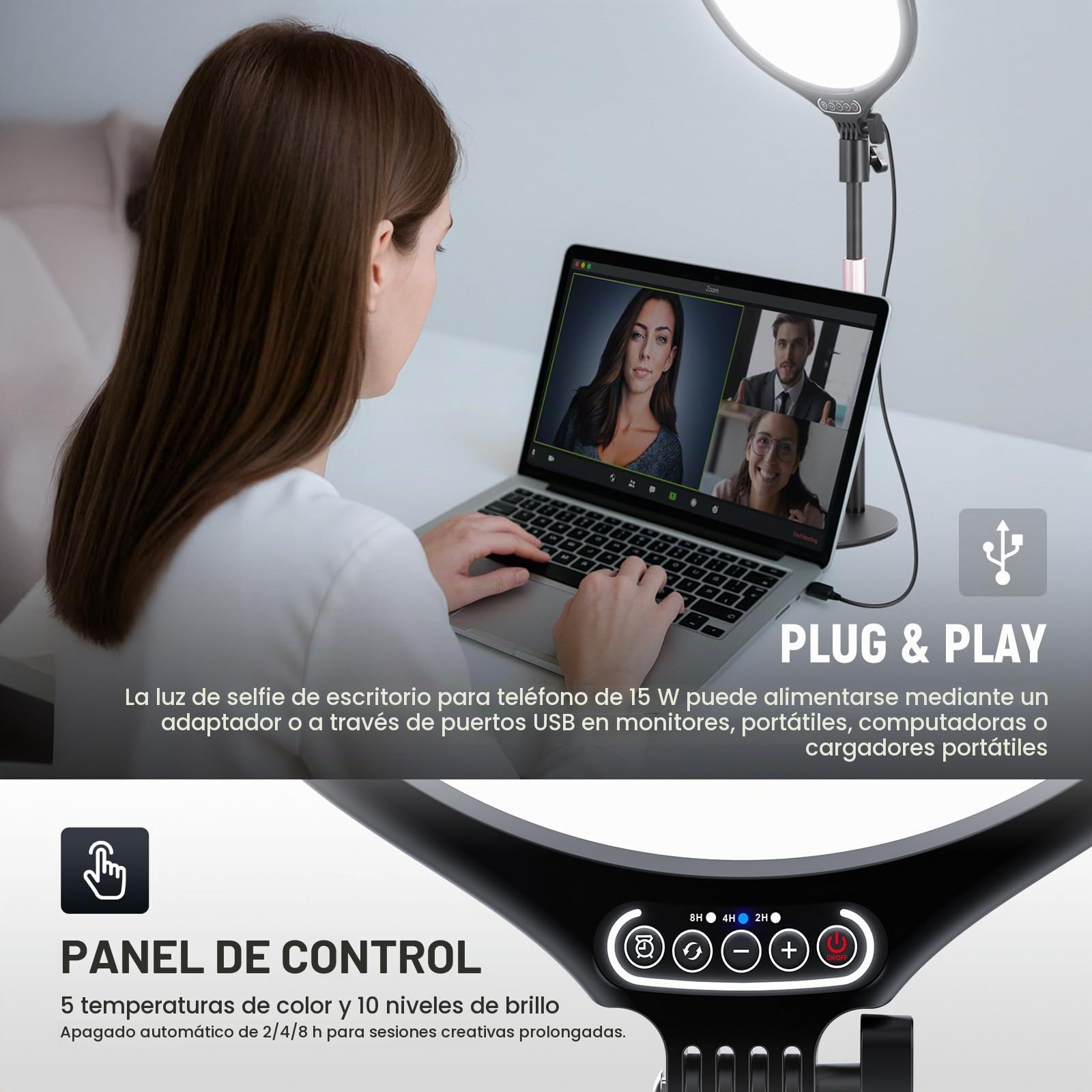 NEEWER Básico 10.5" Aro Luz Escritorio con Soporte/Movil Holder/Timer Foco Completo 15W Regulable Selfie para iPhone Grabar Streaming Webcam Portátil Videoconferencia Fotografia, USB A Power SOLO, R10