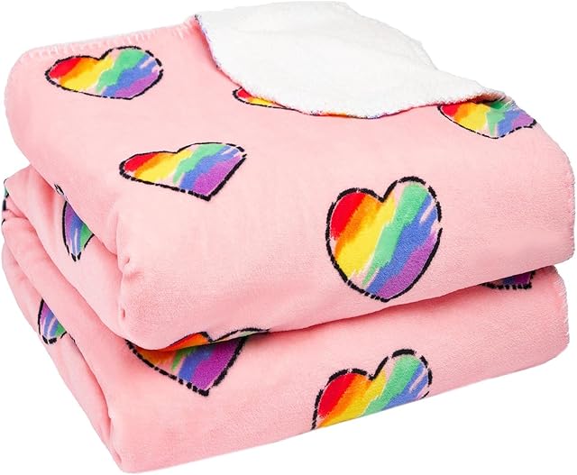 Dreamscene Rainbow Hearts Sherpa Fleece Blanket Large Fuzzy Fluffy Soft Warm Cosy Bed Couch Throw Over Bedspread, 150 x 180,Blush Rainbow Hearts,DBSHHEABL12