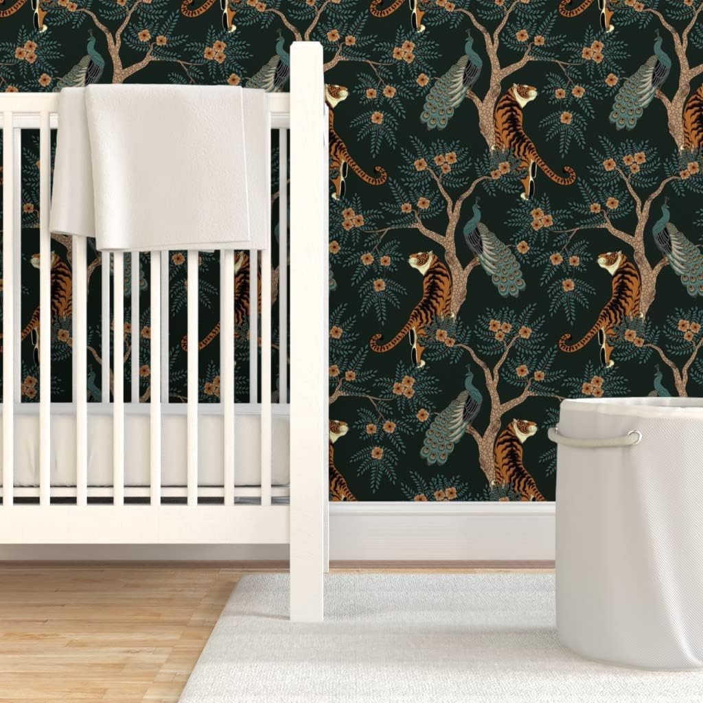 Spoonflower Peel & Stick Wallpaper 6ft x 2ft - Tiger Peacock Bird Asian Flowers Floral Chinese Tree Dark Custom Removable Wallpaper