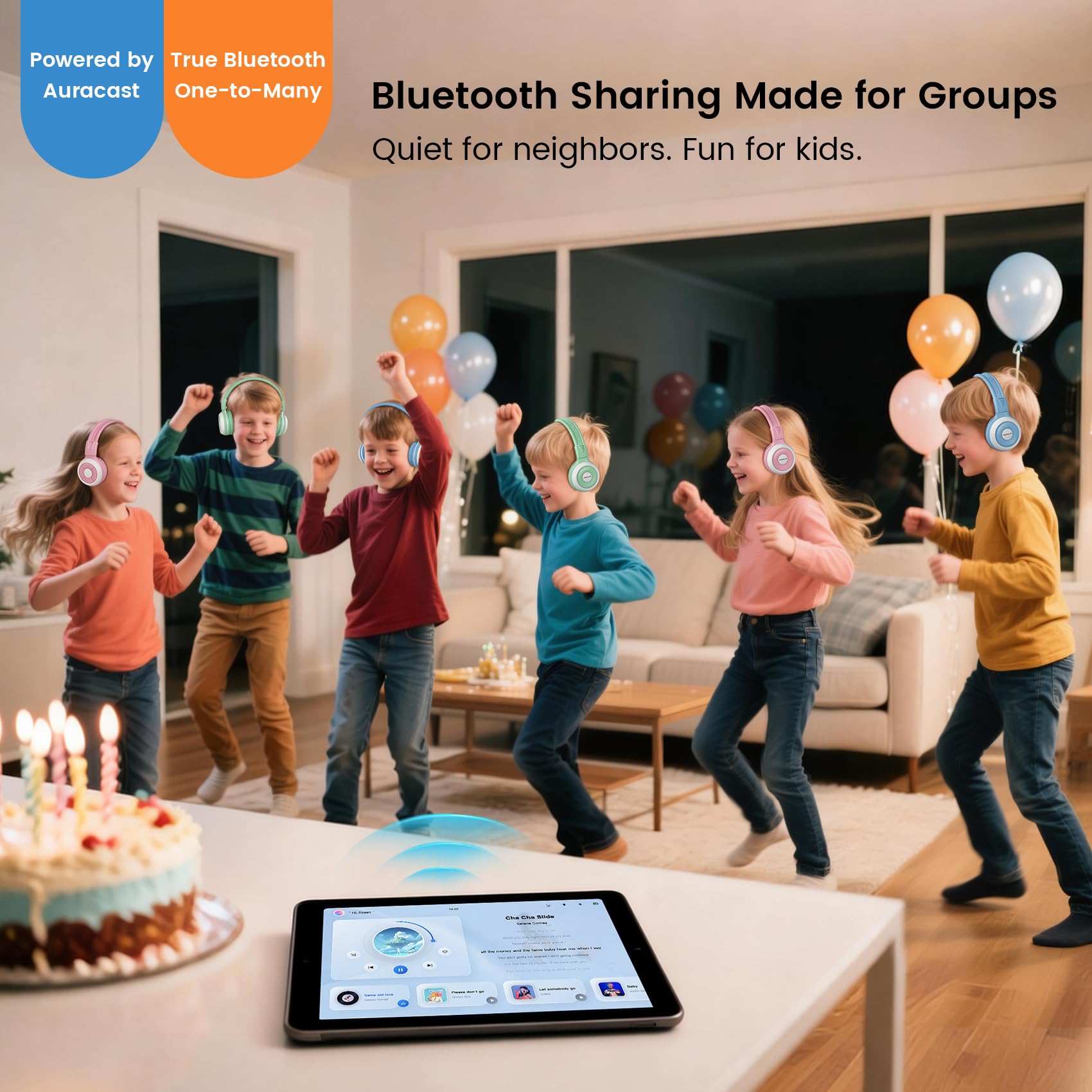 SIMOLIO Confezione da 2 cuffie Bluetooth per bambini per l'ascolto di gruppo, compatibili con qualsiasi dispositivo Bluetooth singolo per viaggi scolastici in famiglia, film e musica, microfono