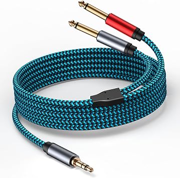 1/8 to 1/4 Stereo Cable, Nylon Braided 3.5mm to 1/4 Cable & Adapter Cord, TRS to Dual 6.35mm TS Unbalanced Breakout Wire for Laptop, Mixer, Amp - 6.6 Ft