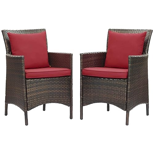 EEI-4030-BRN-RED Conduit Outdoor Patio Wicker Rattan Dining Armchair Set of