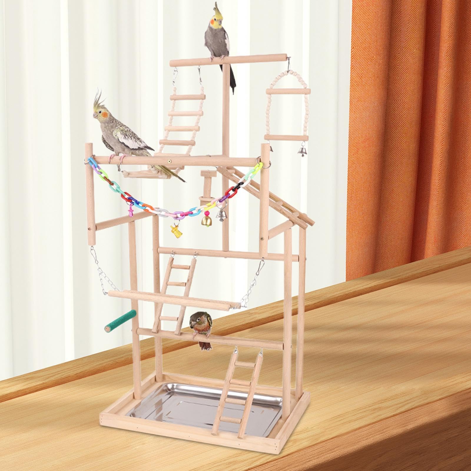 Puesto de Juegos para pájaros, Percha de para Madera con Juguetes para Masticar y Escalera, Experiencia Divertida para periquitos y cacatúas, Soporte Juego para Hacer Ejercicio, Columpio