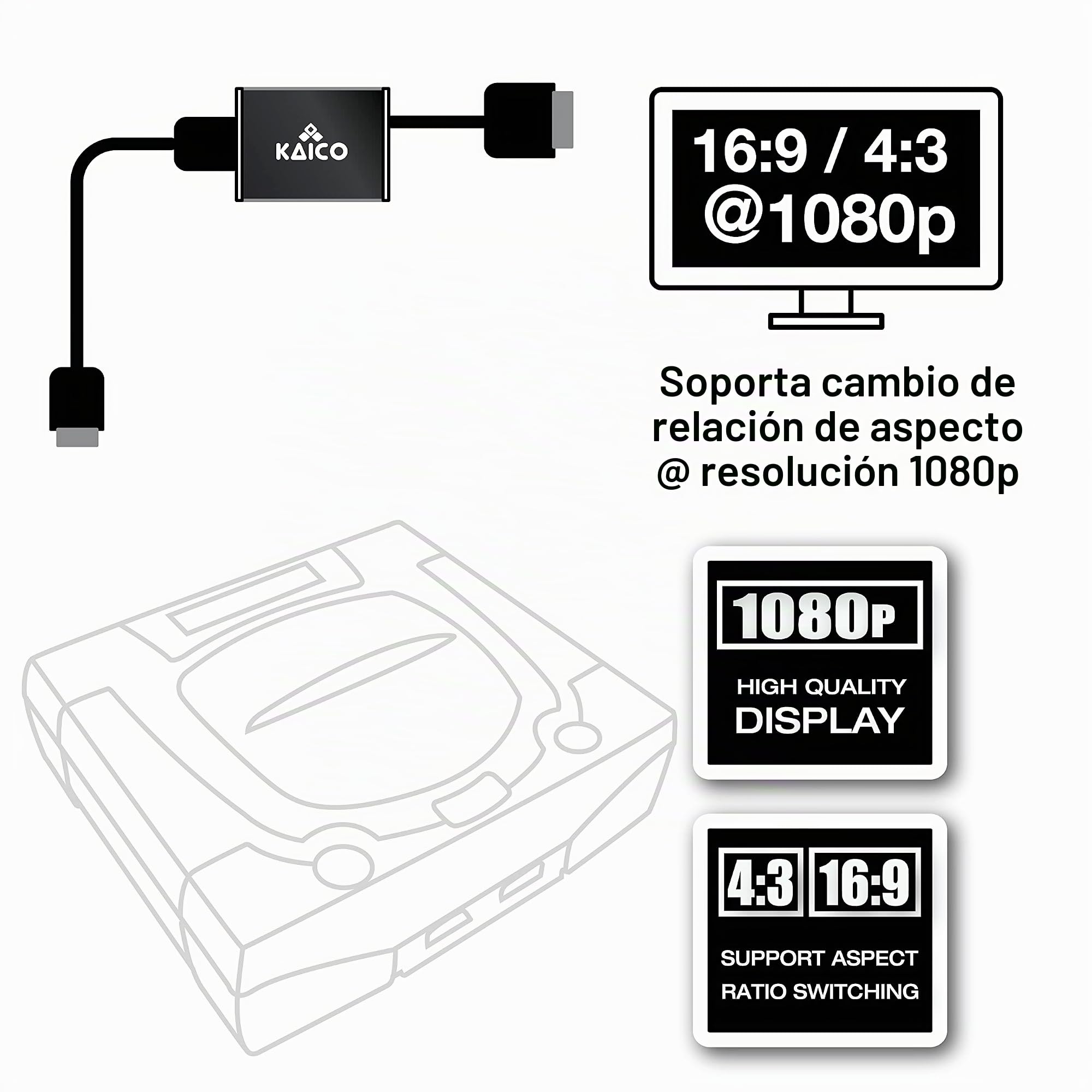Kaico Adaptador HDMI Sega Saturn 1080p - para Uso con Sega Saturn - Soporta Salida de Video S - Soporta Consolas PAL y NTSC - Interruptor de relación de Aspecto para 16:9 o 4:3