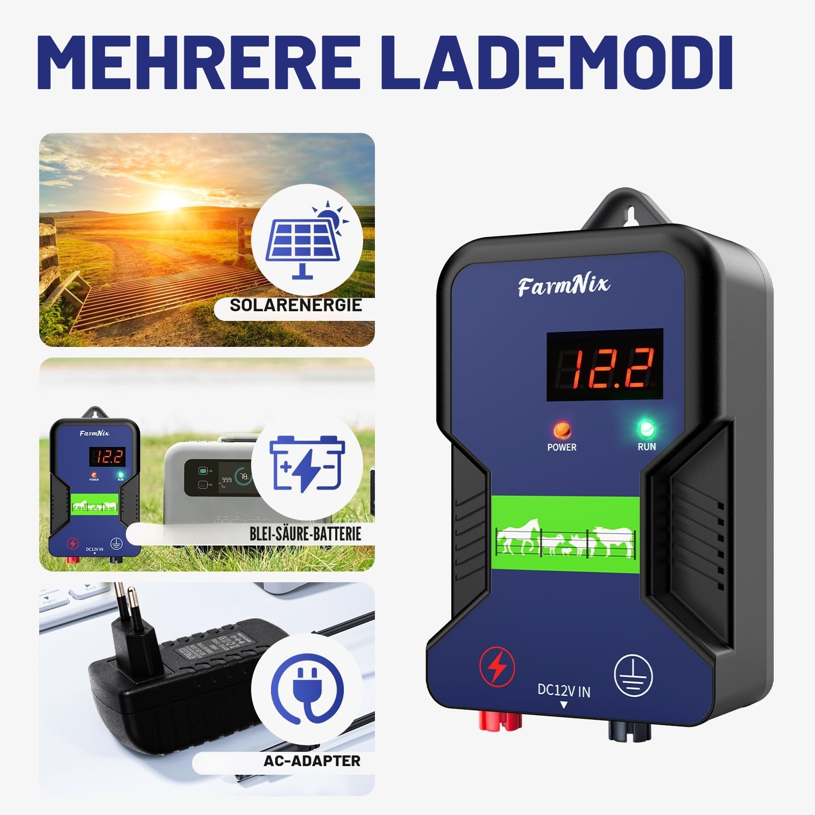 12V Weidezaungerät mit LED Anzeige, 2J Wasserdicht Elektrischer Weidezaun 230V für 15 KM Reichweite, LED Display Eelektrozaun für Schutz von Nutztieren,Haustieren,Geflügel, Hausweide,Gärten (Blau)