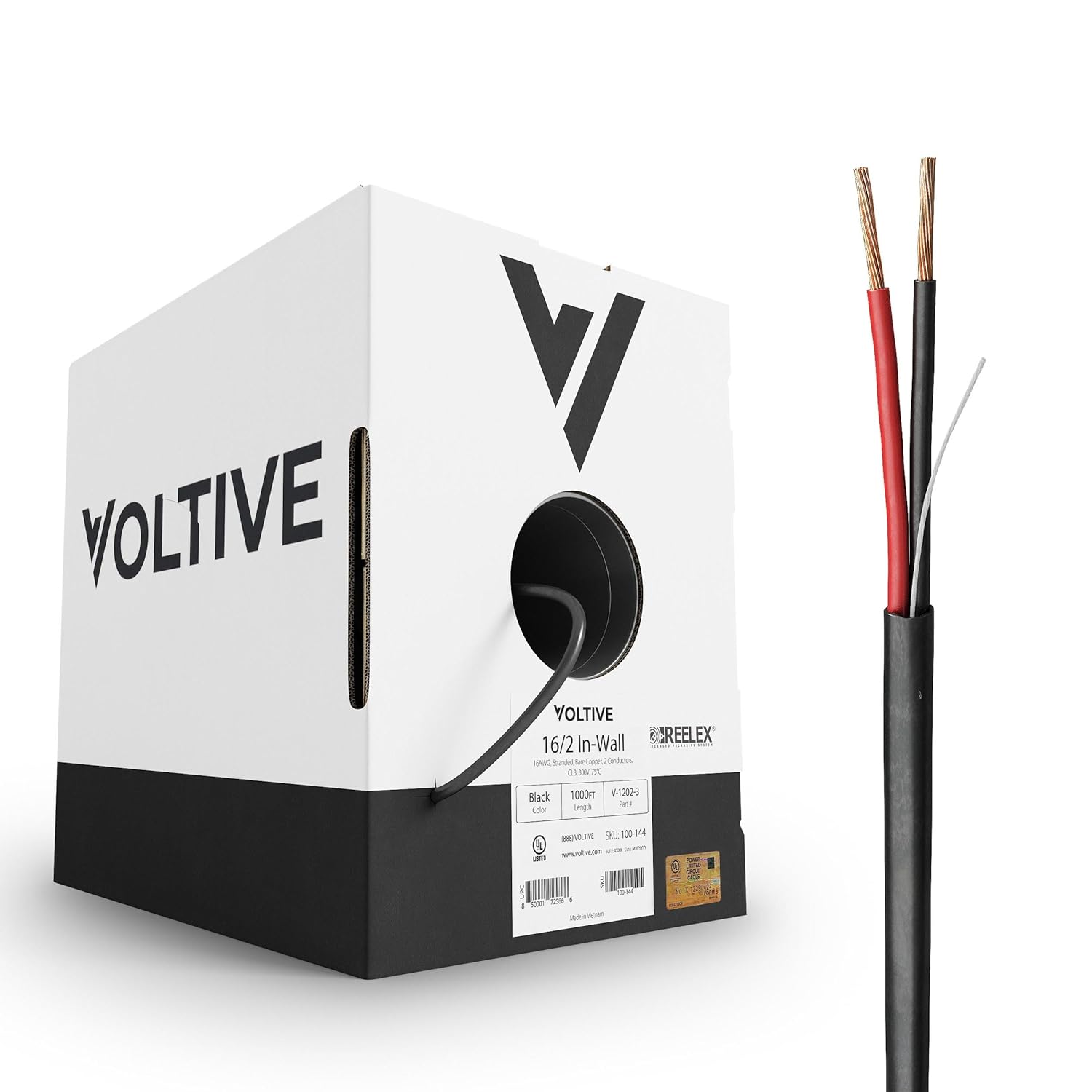 Voltive 16/2 Speaker Wire, in-Wall CL3, Black, 1000ft - 16AWG, 2 Conductors, Stranded Oxygen-Free Copper, UL Listed - V-1202-3