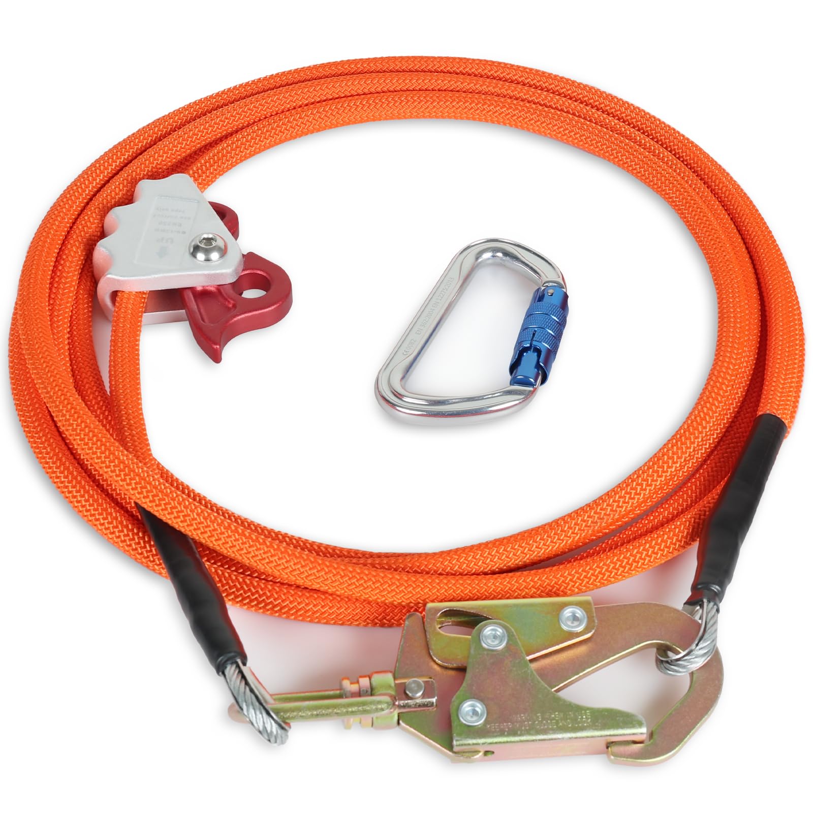 Steel Core Flip Line - Orange 1/2" x 16ft, Featuring Triple Lock, Rope Grab Adjuster & Swivel Snap Hook for Wide