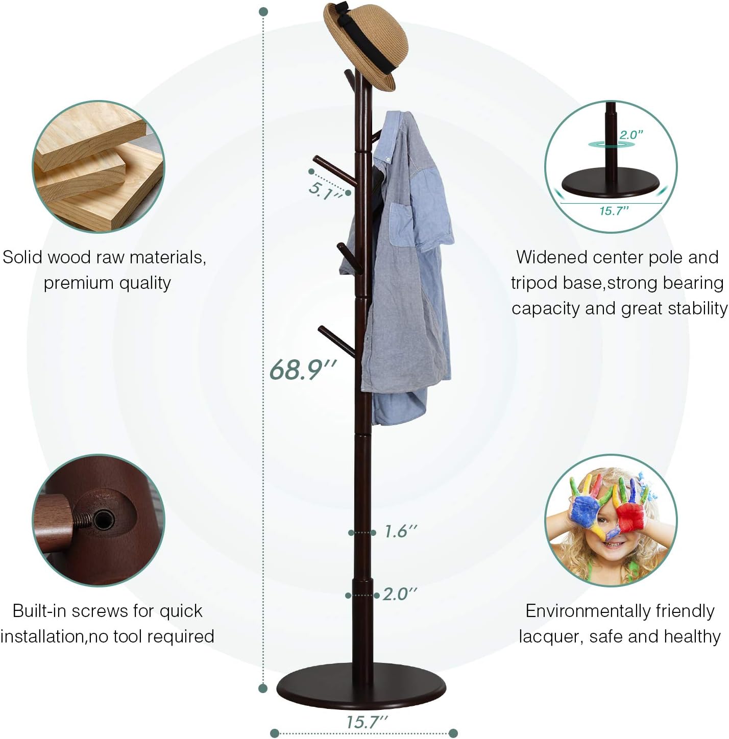 Vlush Sturdy Wooden Coat Rack Stand, Entryway Hall Tree Coat Tree with Solid Round Base for Hat,Clothes,Purse,Scarves,Handbags,Umbrella-(8 Hooks,Dark Brown)