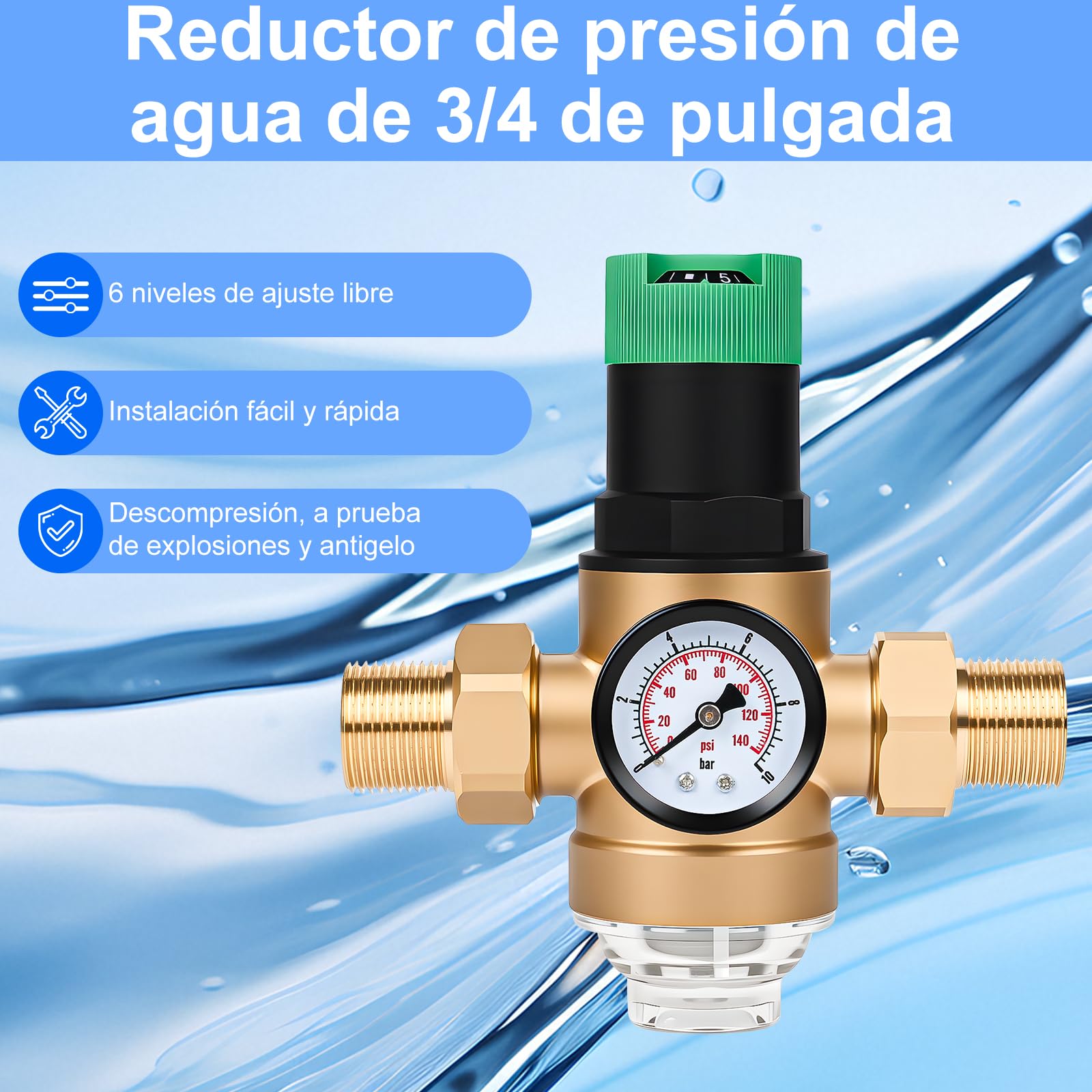 Diealles Shine Reductor de presión de agua 3/4 pulgadas, regulador de presión de agua con manómetro y filtro de malla, reductor de presión regulador de presión de latón para casas, edificios, fábricas