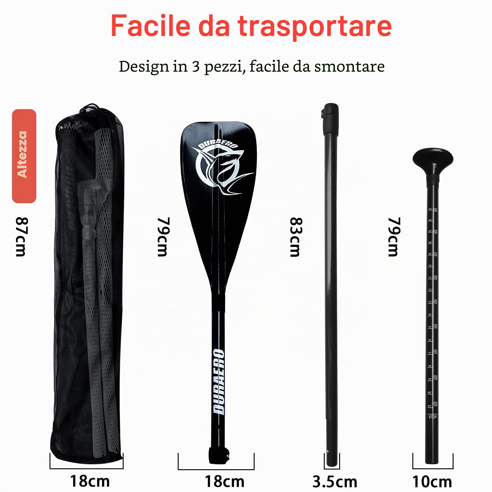 Pagaia in Carbonio con Borsa - 3 Pezzi per SUP Kayak Stand Up Paddling Board Professionale Veloce - Leggera 760g Pagaia Regolabile Telescopica 165-205cm - Sistema Plug-In
