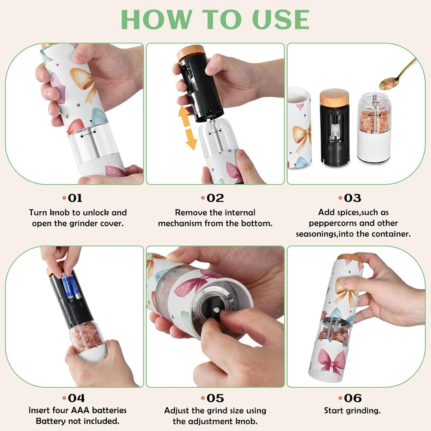 ALAZA Electric Pepper Grinder with Adjustable Coarseness, Bow Dot Pattern Blue Pink Yellow Battery Automatic Salt and Pepper Mill with Led, One-Handed Operation Spice Grinder for Kitchen, Camping & BB