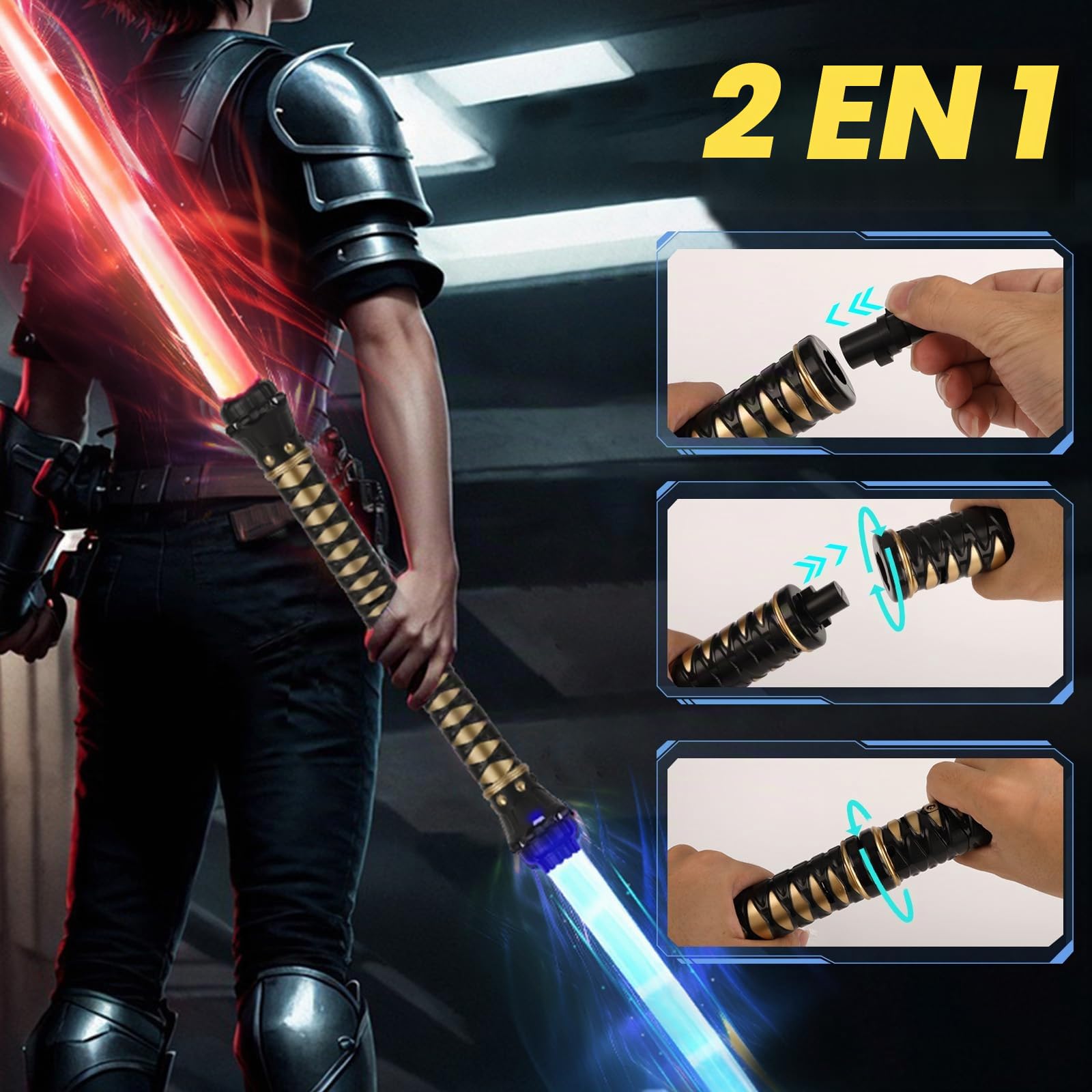 2 Pcs Sable de Luz, 2 en 1 Espada Láser Telescópica con Sonido, 15 Colores de Sable Luminoso, Espada Luminosa para Niños y Adultos Navidad Halloween Regalos Cosplay Guerra de Las Galaxias