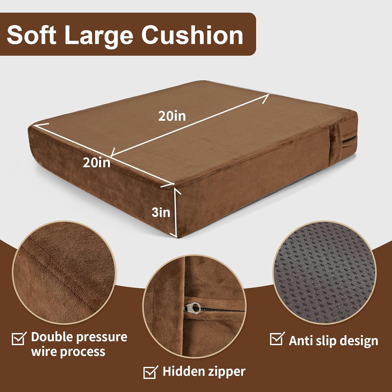 SINOSSO Velvet Large Chair Cushion for Elderly 20" x 20" x 3", High Density Foam Seat Cushion for Recliner Couch Armchair, Thickened Chair Pad, Brown