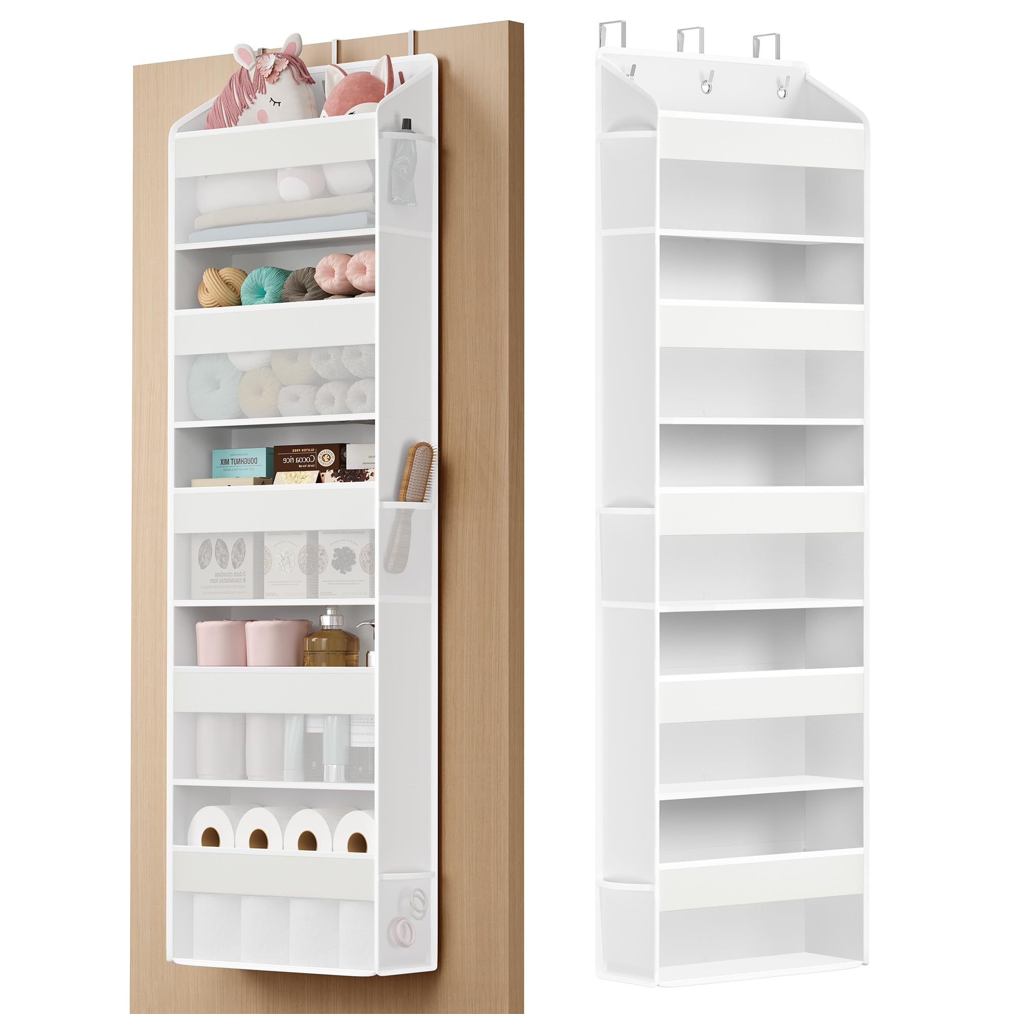 SONGMICS Over-the-Door Organiser, 5-Compartment Foldable Hanging Shelf, Door Hanging Storage Organiser, Metal Hooks, Transparent, Side Pockets, Cloud White RDH010WH01