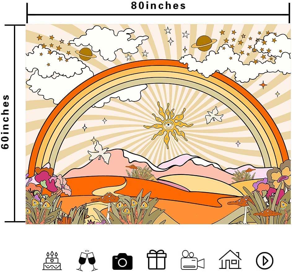 Miniatura 4 de TPMDFC Tapiz retro de los años 70 y 60, diseño vintage, flores, nubes, sol y arco iris, tapiz para colgar en la pared, tapiz estético hippie bohemio