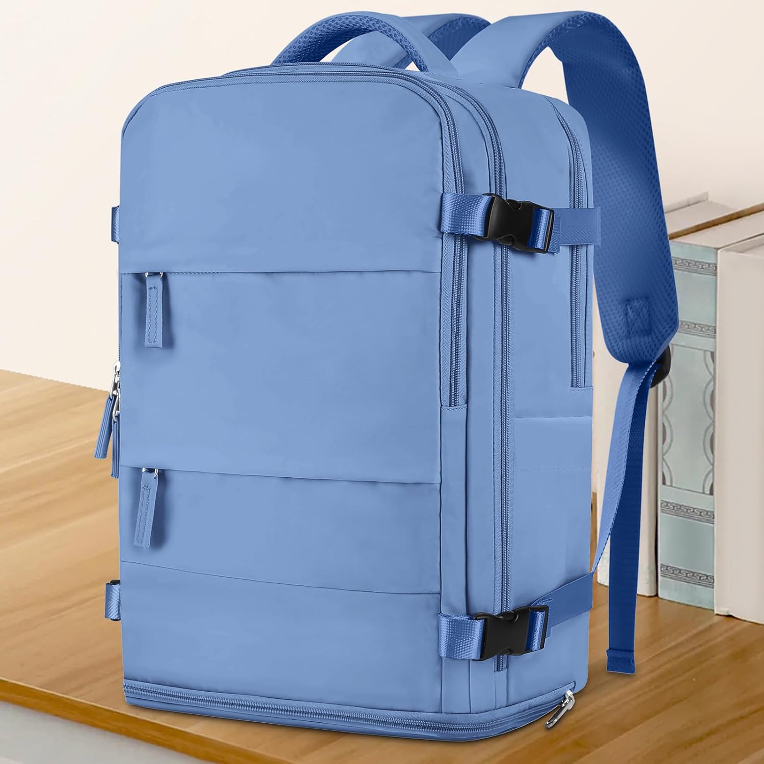 coowoz large travel backpack for women men,carry on backpack flight approved,hiking backpack outdoor rucksack casual daypack fit 15.6 inch laptop shoes compartment (sky blue l) 30l sky blue