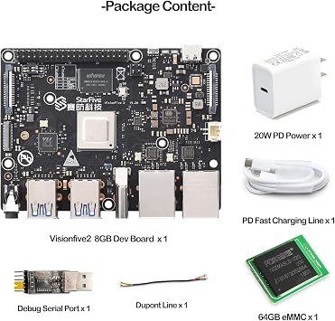 VisionFive2 RISC-V Linux Single Board Computer, Quad-core StarFive JH7110 64-bit Processor with 3D GPU, LPDDR4 8GB RAM, Dual Gigabit Network Port, Support OpenCL 3.0 (Bundle 1 with 64GB eMMC)
