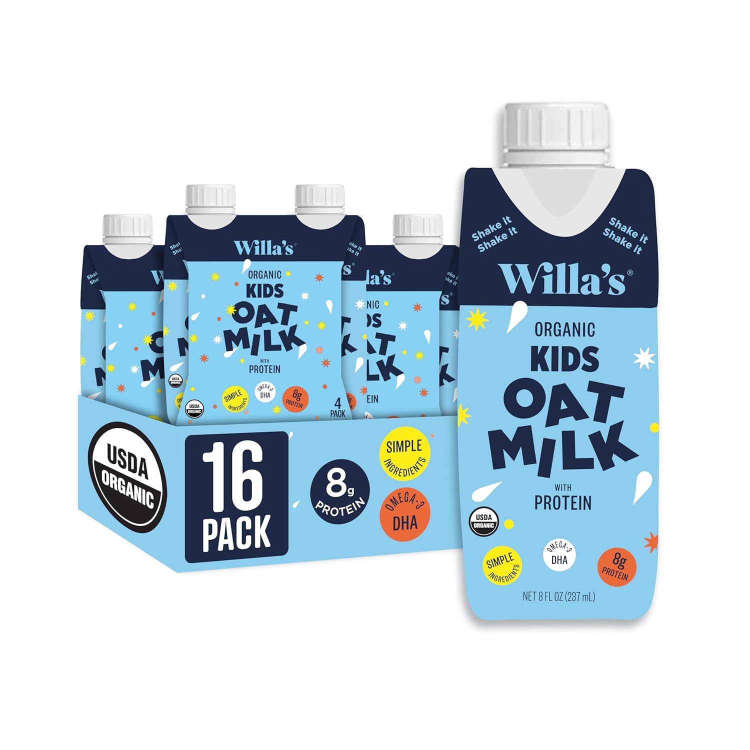 Willa's Organic Kids Oat Milk: 8g Protein, 240mg Calcium, 2g Fiber - Dairy-Free, Plant-Based, Bobby Approved, 16x 8.25oz Pack