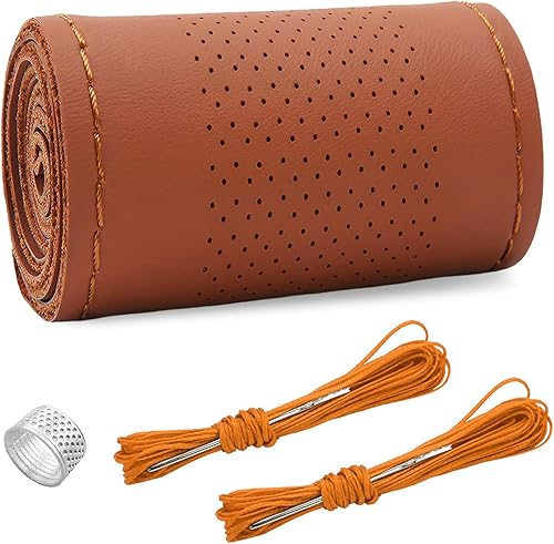 Vista 14 de Ziciner - Funda de cuero genuino para volante, transpirable, antideslizante, protector de volante para un diámetro máximo de 15 pulgadas, para coser