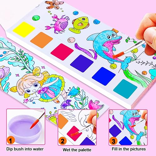 Miniatura 8 de JUNQIU - Juego de pintura de acuarela para niños, libros de pintura de acuarela para colorear para niños pequeños, libros de pintura con agua para