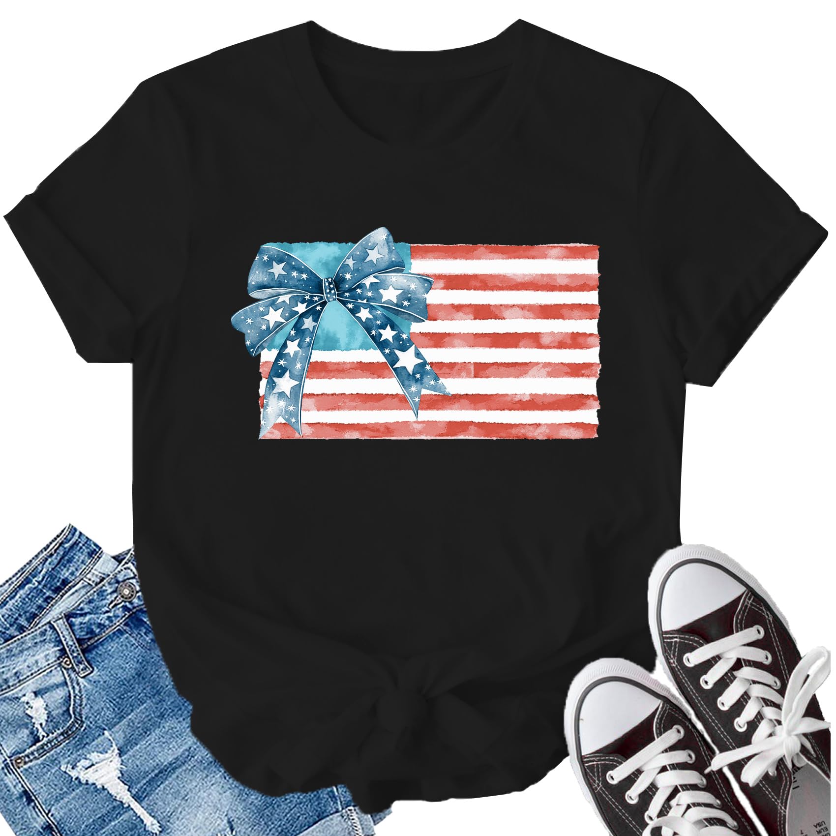 Photo 1 of LBP American Flag Shirt Women USA Bow Flag Shirts Patriotic T-Shirts Happy 4th of July Tee Tops