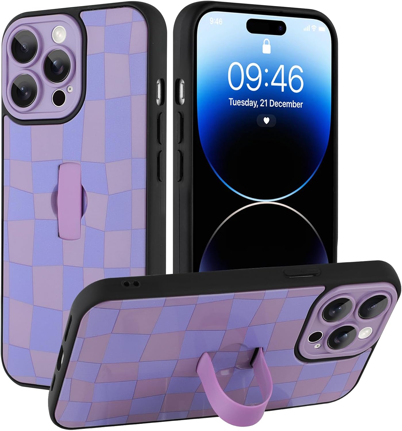 SOKAD for iPhone 14 Pro Max Case with Finger Strap Kickstand, Cute Checkered Checkerboard Phone Case with Finger Hand for Women Men, Slim Full Camera Protection Shockproof Case Cover, Purple