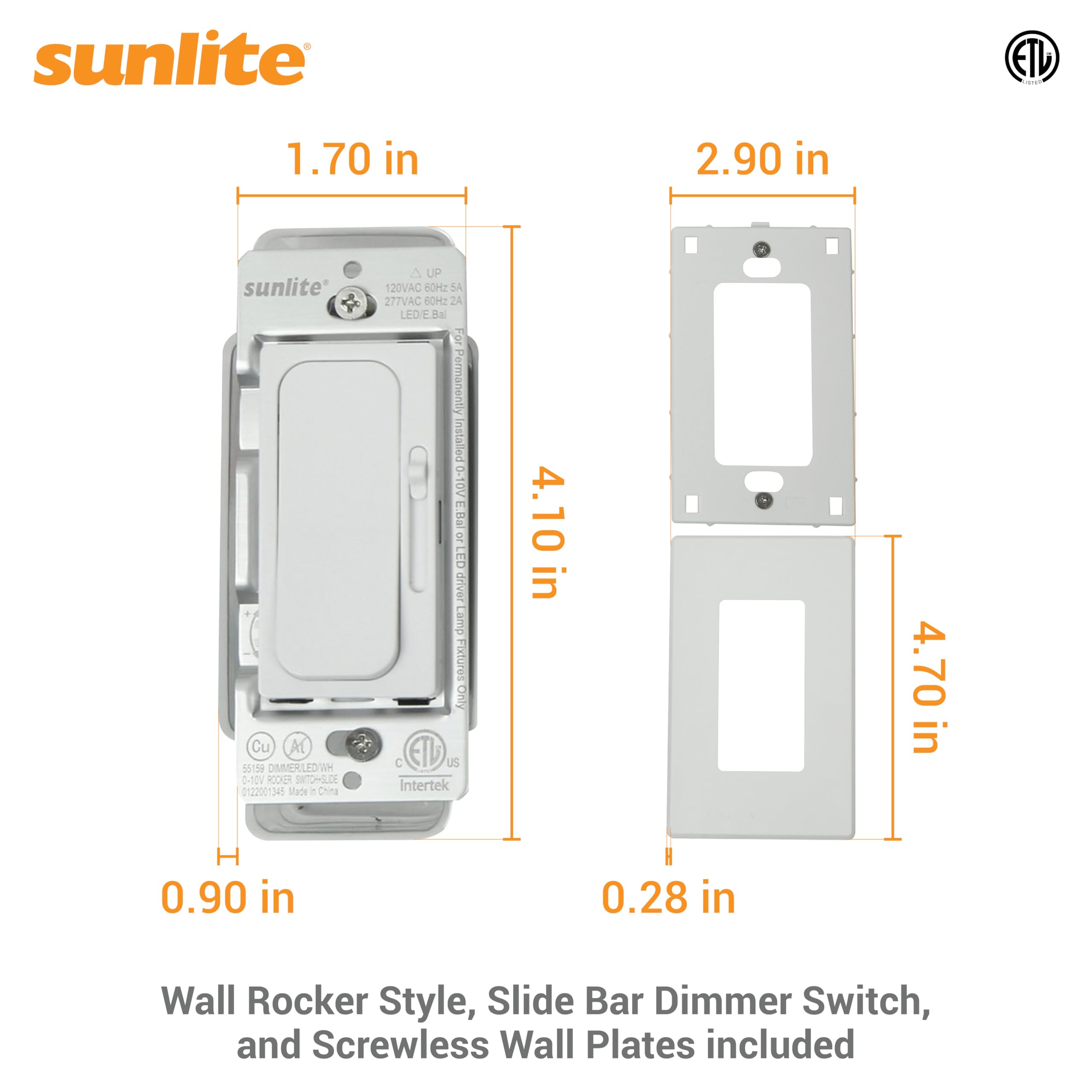 Sunlite LED Rocker Dimmer Switch - Slide Bar Dimmer, Single Pole Or 3-Way, Works With Dimmable Bulbs, Includes Screwless Wall Plate