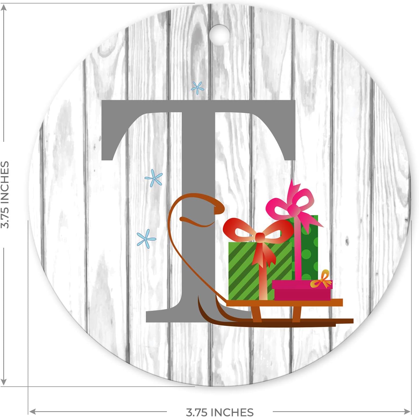 Letter T Monogrammed Metal Christmas Tree Holiday Ornament, Velvet Pouch Included, Large 3.75" Round Metal Ornament