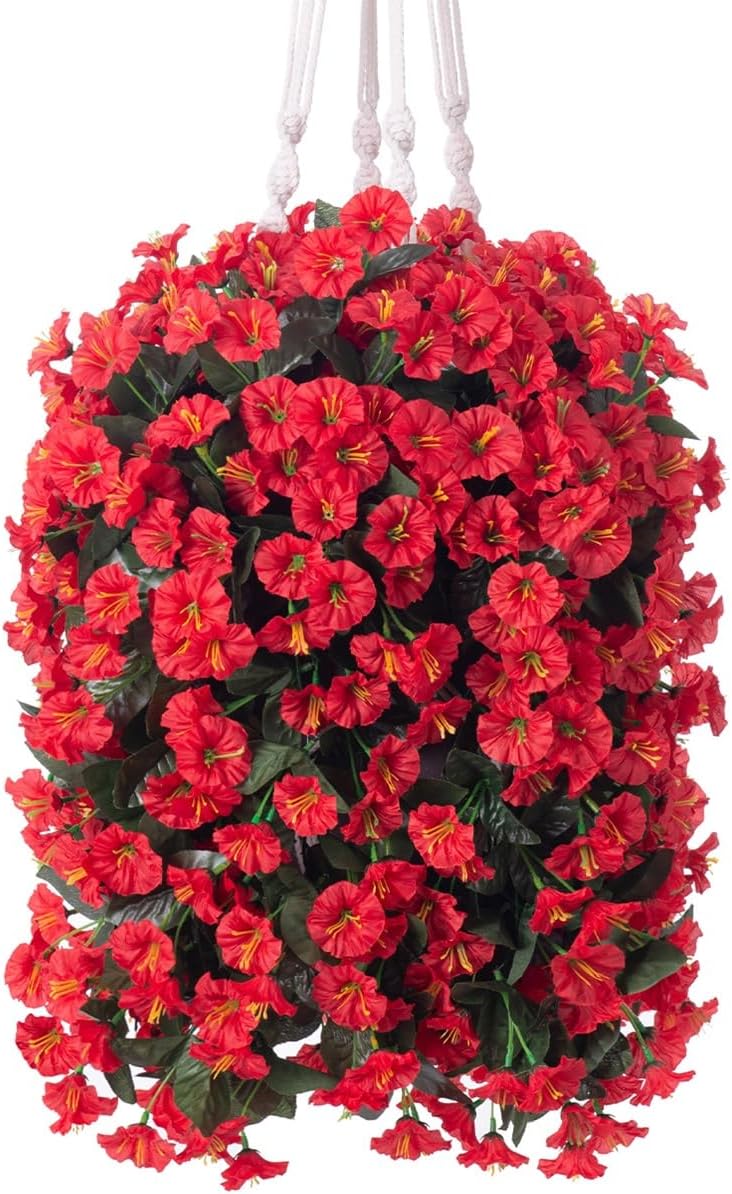 Artificial Hanging Flowers Baskets Fake Plants for Outdoors Spring Decoration, 4 Bundles Red Long Faux Silk Morning Glory Vines Realistic UV Resistant Look Real for Front Door Porch Patio
