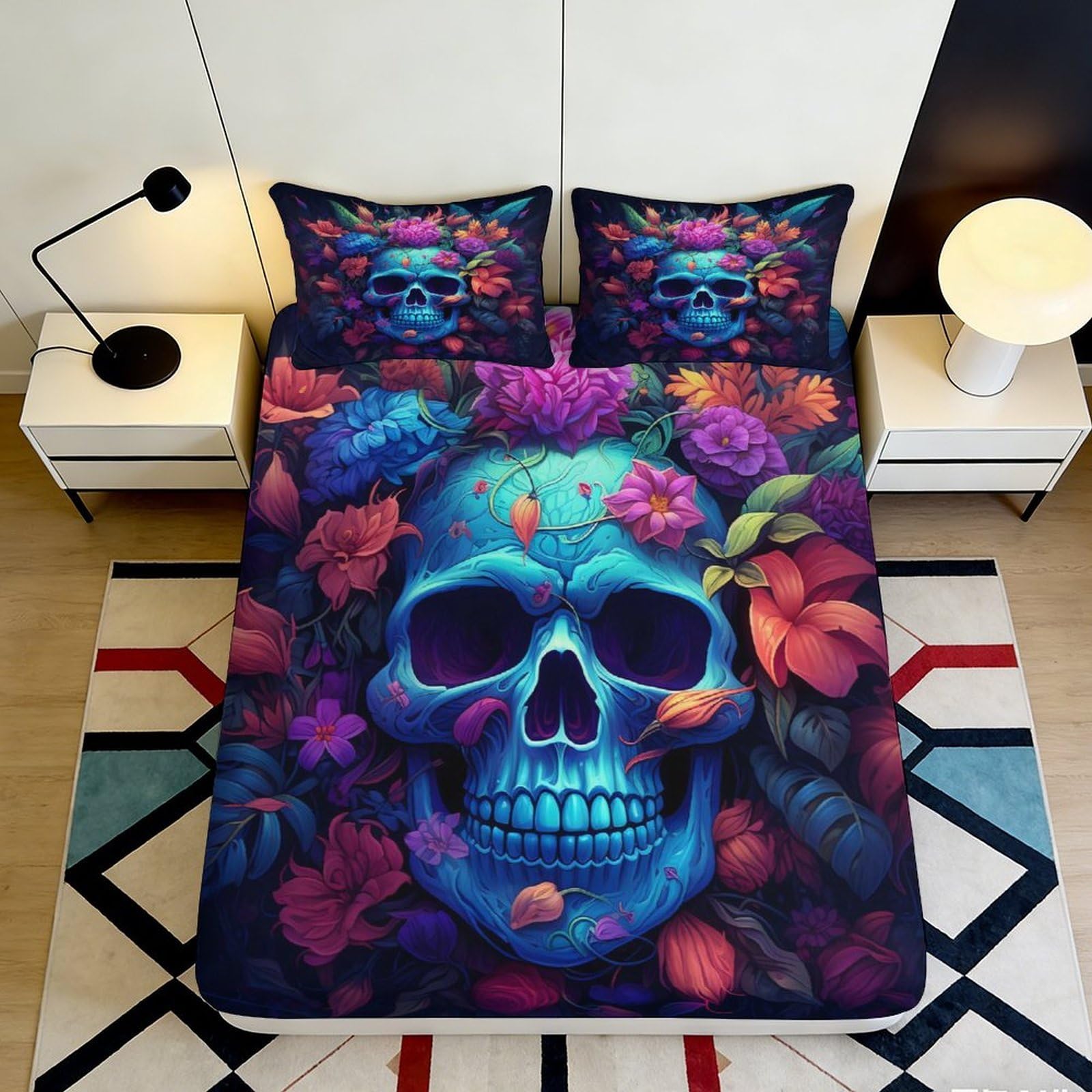 Tjiqhvmrn Style-10 3D Printed Skull Floral Fitted Sheet Microfiber Deep Pocket Bedroom Bedding Non-Slip Skull Mattress Fitted Cover Full Wrap Washable 90X200x25cm