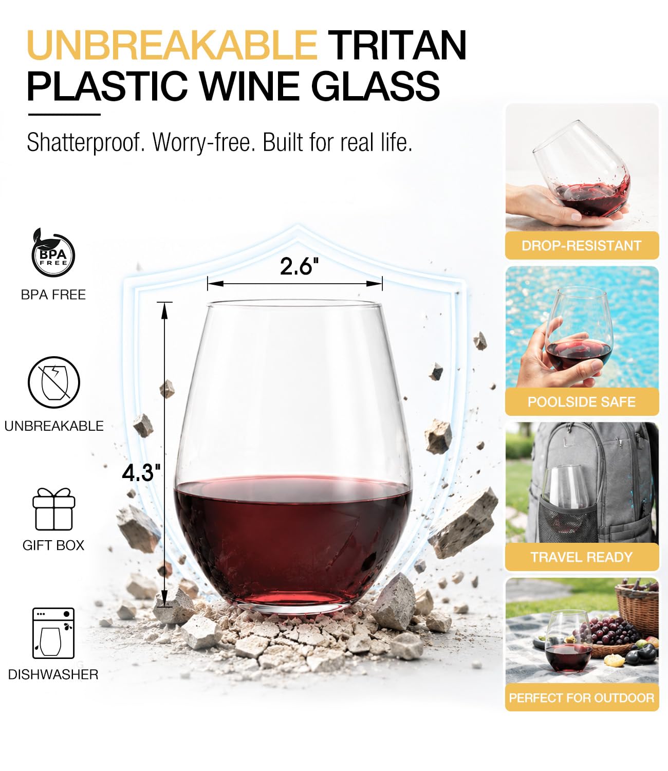 Juego de 6 copas de vino de plástico irrompibles sin tallo, copa de vino de plástico Tritan sin BPA, copa de vino reutilizable para uso al aire libre, piscina, fiesta, campamento, 16 onzas,