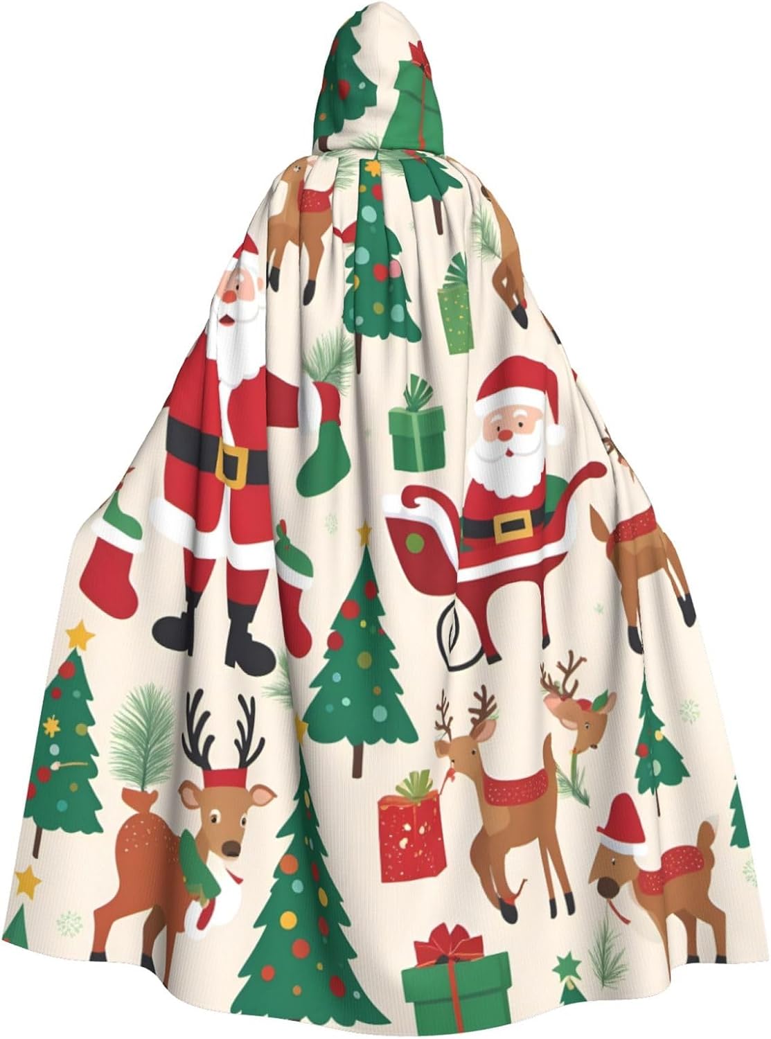Unisex Full Length Hooded Halloween Christmas Party Robe Cloak Cape Cosplay Costume Men Women Cute Christmas Tree Prints Black