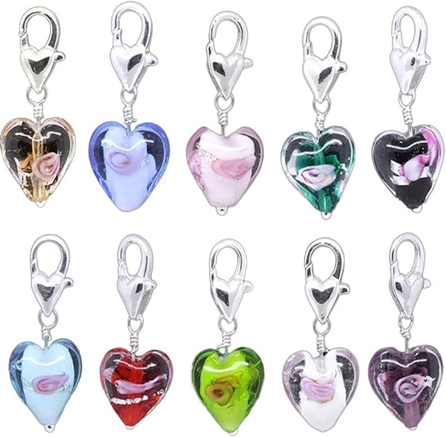 HooAMI 20PC Glass Heart Clip On Charm Fit Link Bracelet Necklace Jewelry w/Lobster Clasp