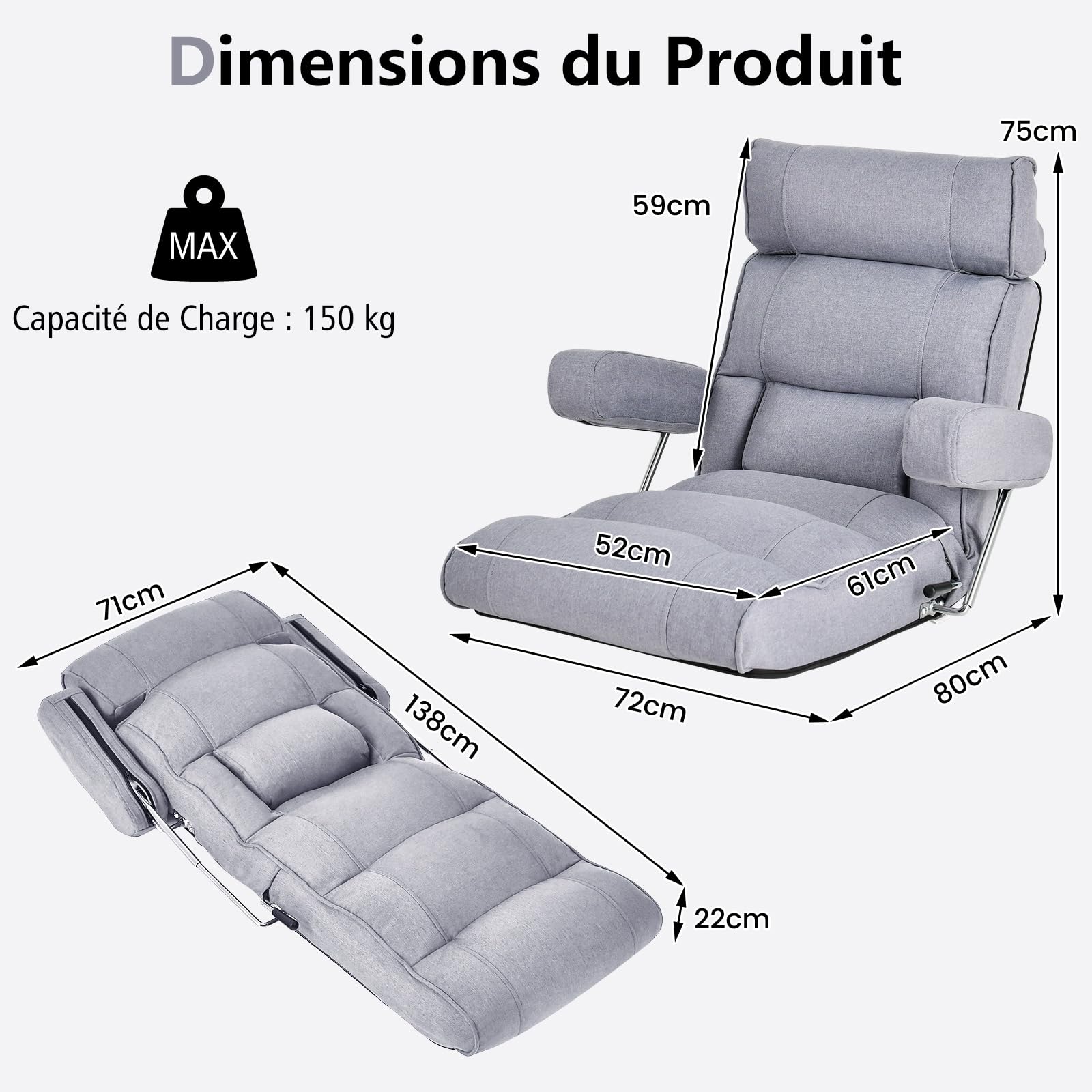 RELAX4LIFE Fauteuil de Sol Pliable avec Dossier Réglable 90-180°|Appui-Tête Réglable|Support Lombaire|Position à Plat|Accoudoirs Rabattables, Fateuil Relaxant pour Salon Chambre Bureau (Gris)