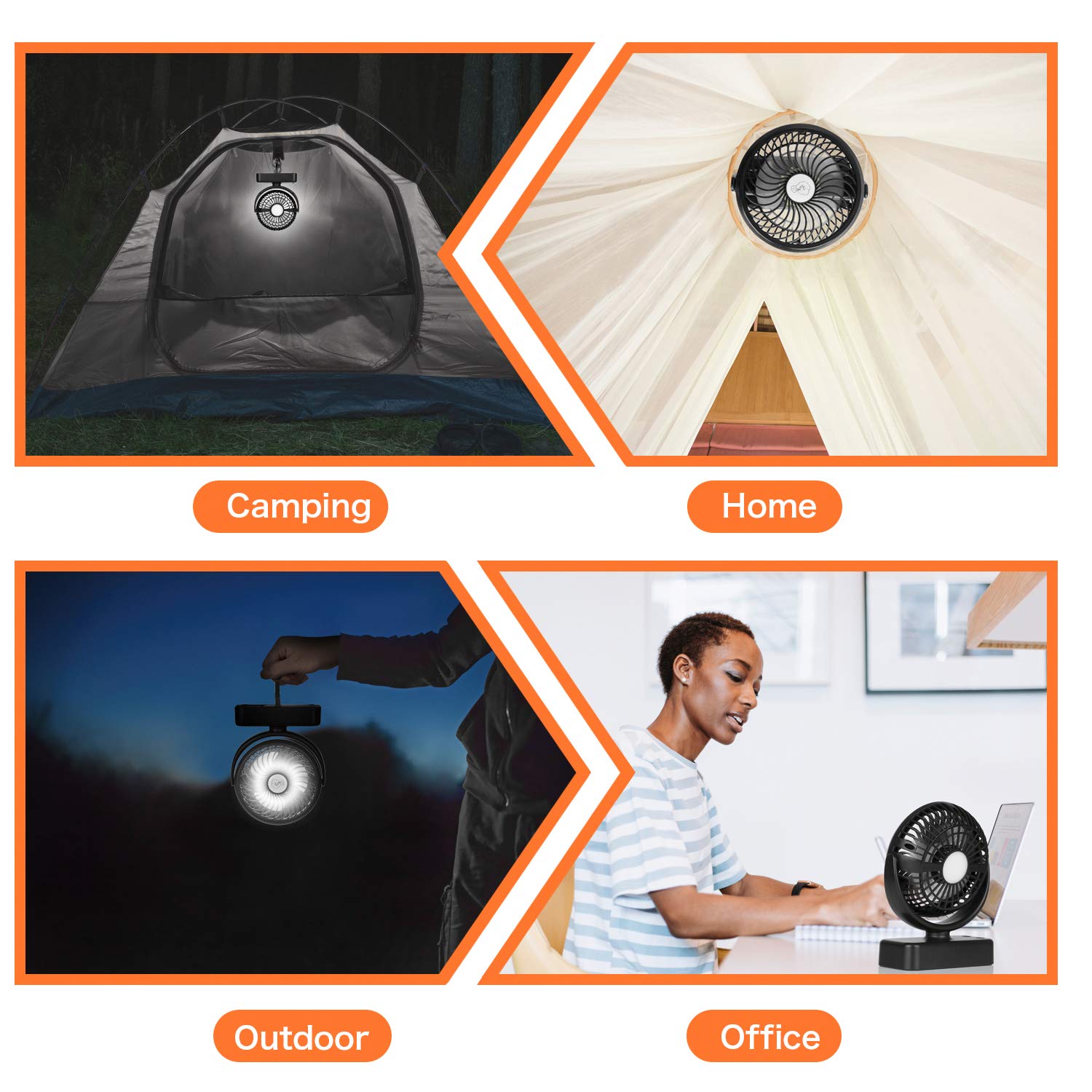 Ventilador portátil de camping con linterna LED - 40 horas de funcionamiento Ventilador recargable a pilas con gancho para colgar en tienda, coche, autocaravana, huracán, equipo de supervivencia
