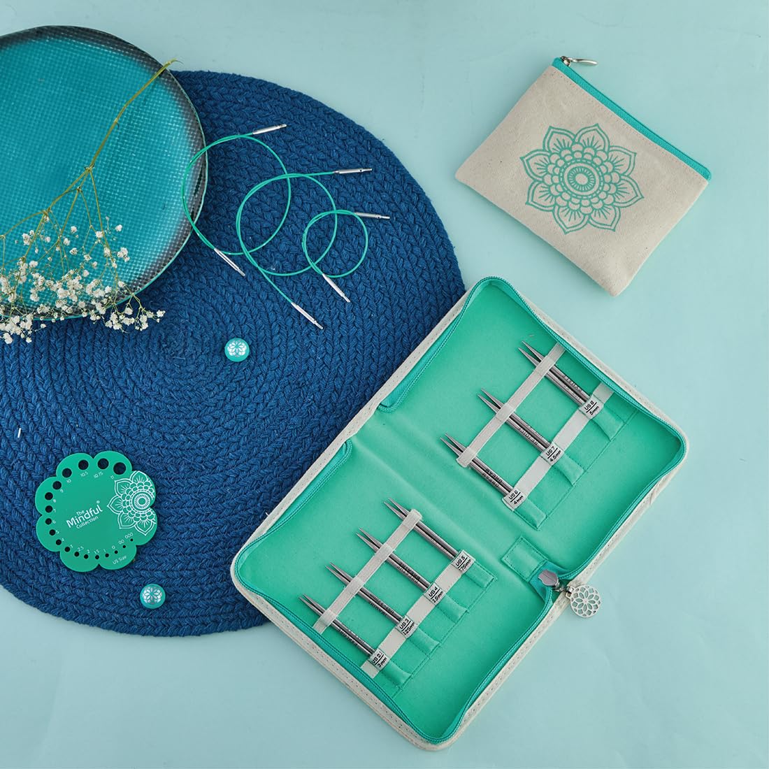 KnitPro The Mindful Collection The Kindness Set verwisselbare roestvrij stalen naalden 10 cm, blauwgroen & ecru