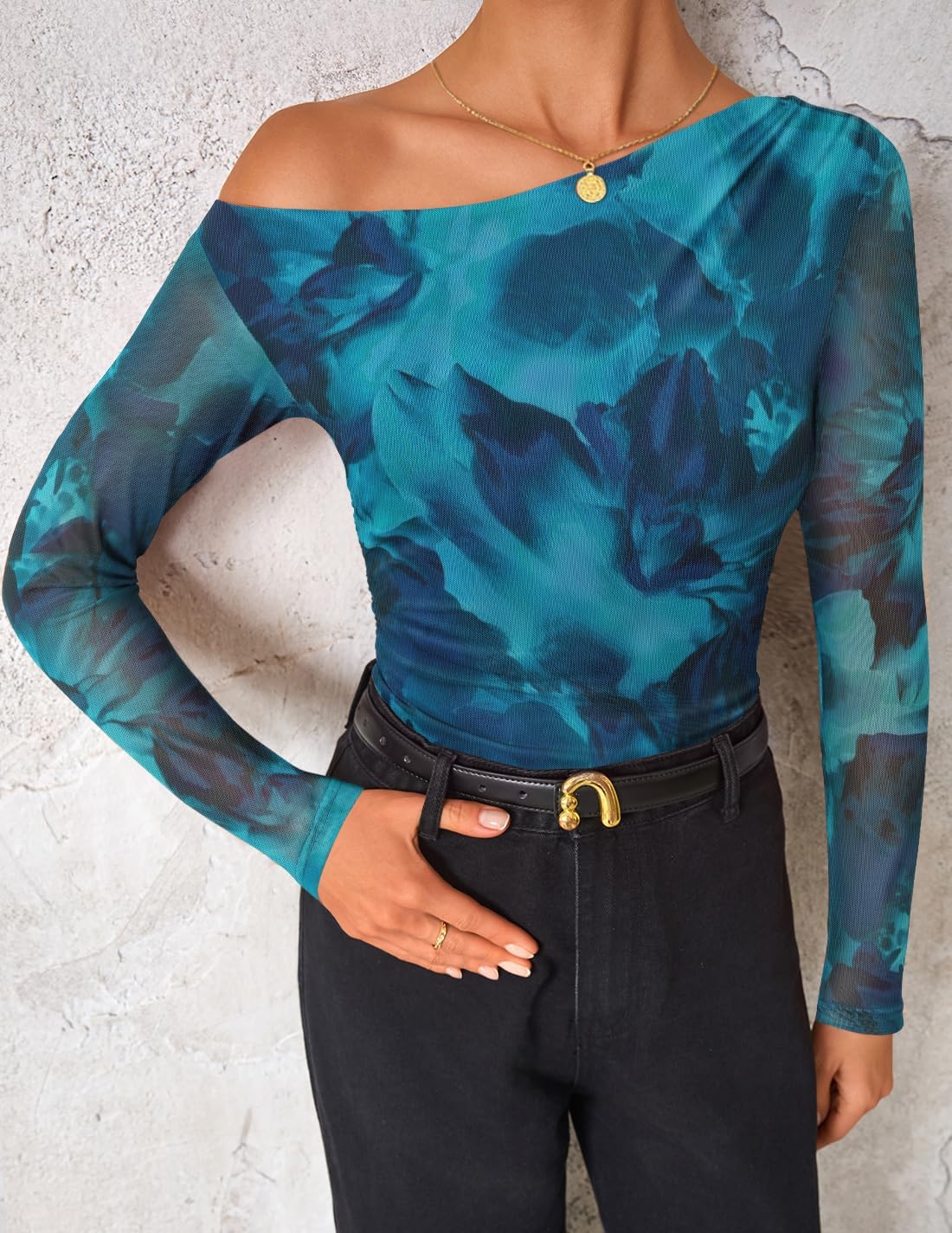 ZESICA Women's Floral Off Shoulder Long Sleeve Tops 2026 Spring Mesh Ruched Fitted Trendy Going Out Shirts Blouses - Image 7